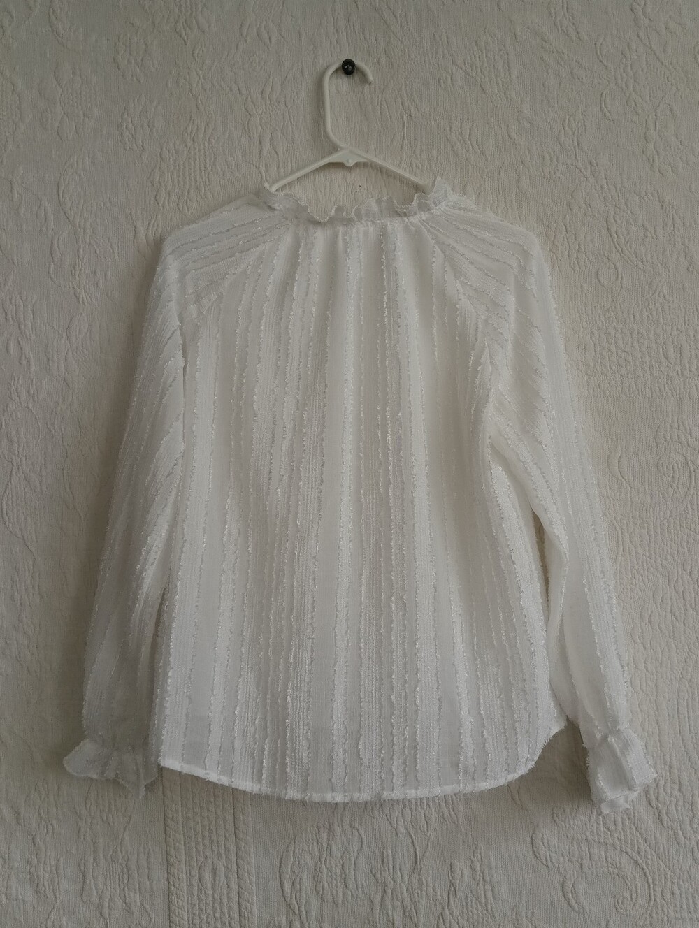 White Ruffle Texture Neck Button Down Blouse Flowy Oversized Femme Ruched Stripe - Picture 8 of 9
